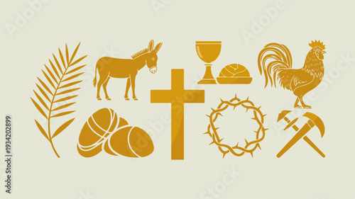 Palm sunday icons christian symbols donkey rooster bread cross crown of thorns cup easter holy week faith spirituality religious