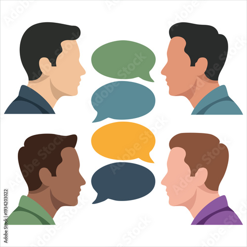 Vector flat style illustration of businessmen discussing in social network speech bubbles