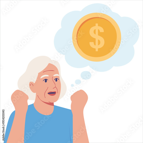 Happy senior retired pensioner woman dreaming about golden dollar coin flat vector illustration
