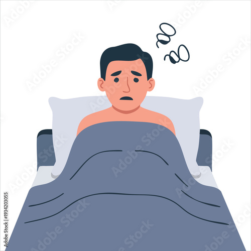 Afraid trembling man with insomnia and panic attack lying in bed at night flat vector illustration