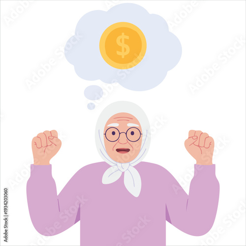 Elderly woman character imaging golden dollar coin for retirement savings flat vector illustration