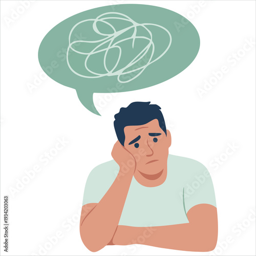 Teenager depression concept with unhappy boy sitting on floor with tangled thoughts vector illustration