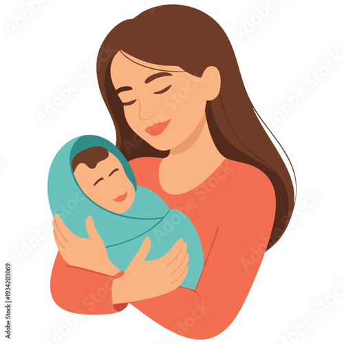 Happy mother lullaby talking and playing with her newborn baby flat vector illustration