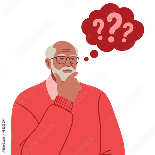 Dementia and memory loss concept with senior man with question signs vector illustration