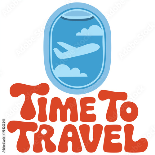 Airplane window logo time to travel commercial airplane interior vector illustration