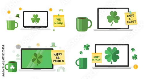 Patrick's Day Office Desks with Laptops, Mugs, and Clover Notes Vector Set, A vector illustration set featuring four different St. Patrick's Day themed office desk scenes, each with a laptop display