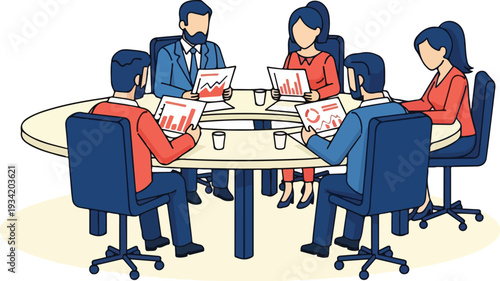 Business team meeting with people sitting around a table discussing