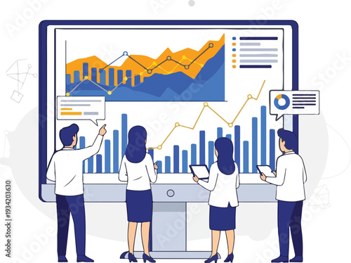 Business team analyzes data graphs on a large computer screen display