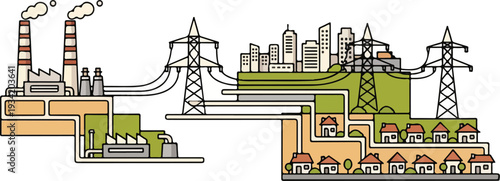 Industrial landscape illustration showing power plants, transmission towers, and residential houses with energy flow