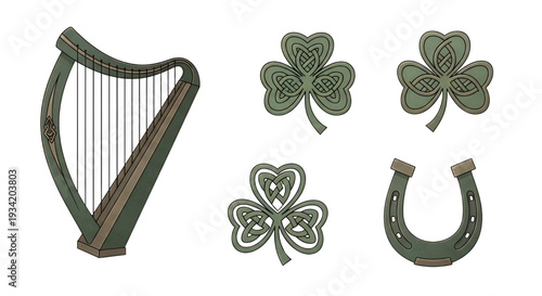Celtic Style Harp, Clovers, and Horseshoe Illustration Set,  Five Celtic-style illustrations with a textured, painterly feel, featuring a harp, three different Celtic knot clovers, and a horseshoe,