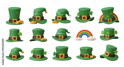Green St. Patrick's Day leprechaun hats with gold coins and rainbows,  whimsical 3D rendered green leprechaun hats decorated with piles of gold coins, shamrocks, and small rainbows, isolated on a whit