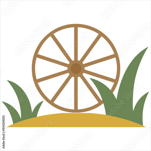 Wooden pioneer wagon wheel with sand and grass vector illustration on white background