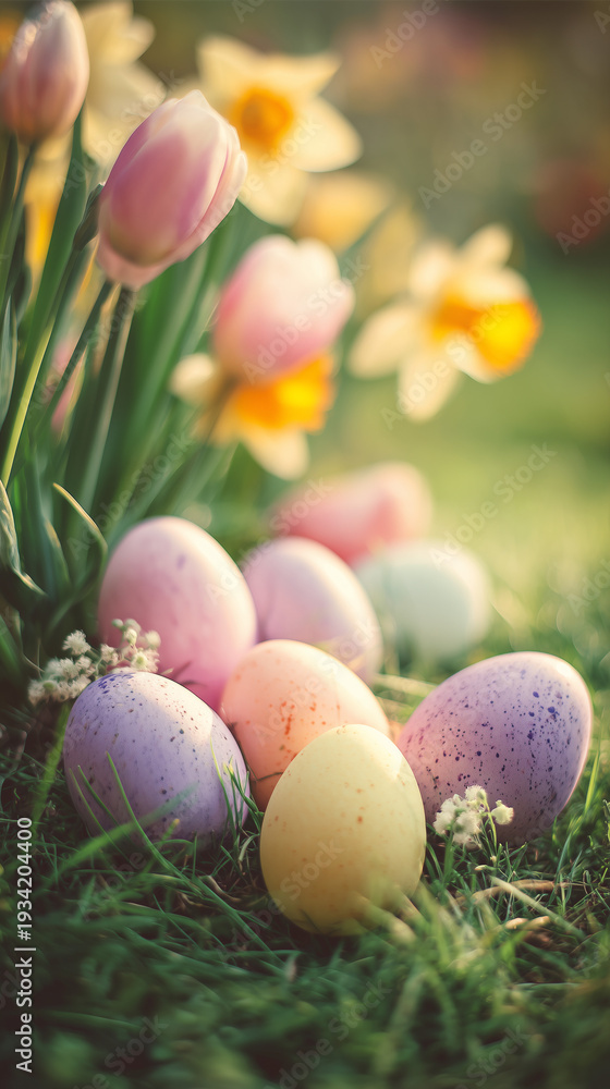 Fototapeta premium Easter egg hunt celebration garden photography springtime close-up colorful eggs on grass