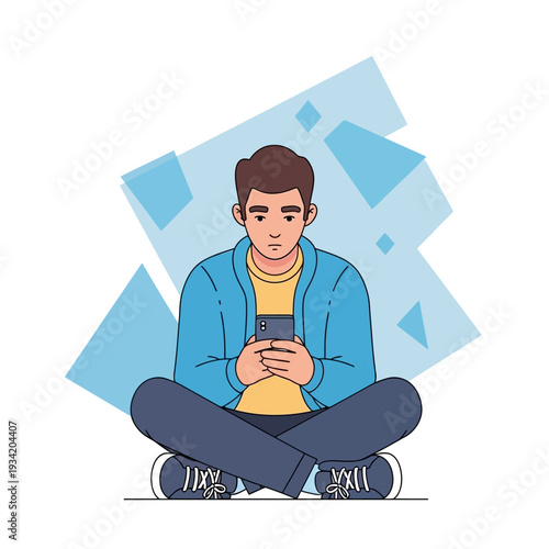 Sad young man sitting on floor using smartphone in flat vector style depicting loneliness and digital isolation