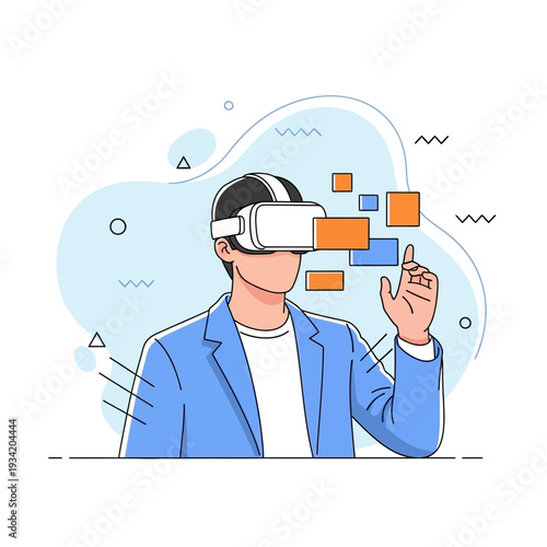 Businessman wearing VR goggles interacting with virtual interface in flat vector style showing corporate innovation