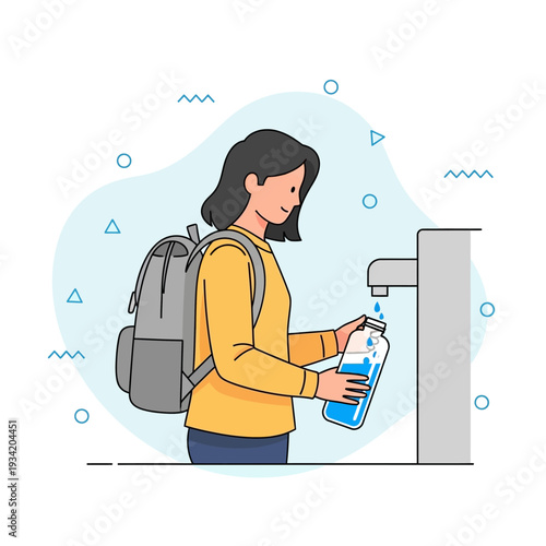 Female student filling reusable water bottle at public dispenser in flat vector art promoting eco friendly lifestyle