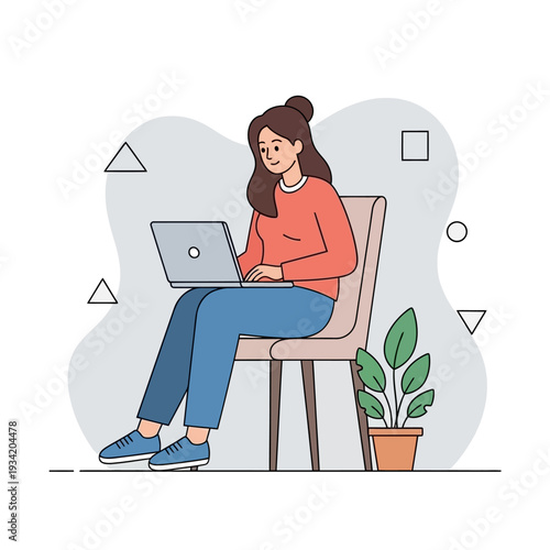 Young woman working on laptop at modern home desk in flat vector style representing remote freelance career
