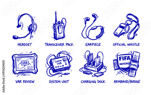 Referee Communication System World Cup Soccer Championship Officiating Technology Equipment Vector Set