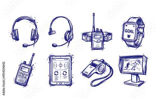 Referee Communication System World Cup Soccer Championship Officiating Technology Equipment Vector Set