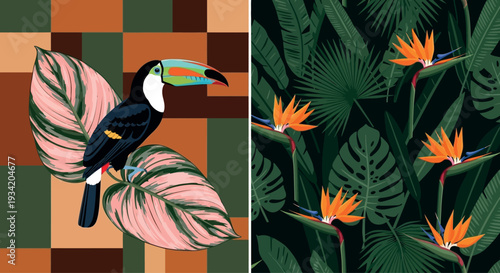 Stylish vector illustration featuring a beautiful toucan on vibrant pink tropical leaves, complemented by a modern geometric square background