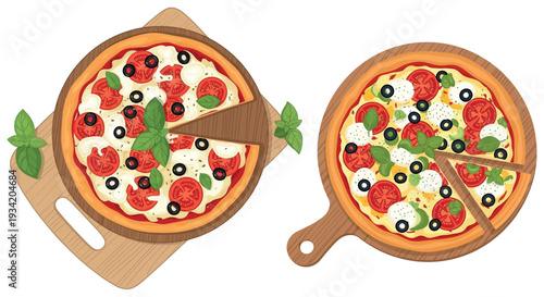 Delicious Round Pizza with Sliced Pieces Topped with Tomatoes, Olives, and Basil, Presented on Wooden Boards