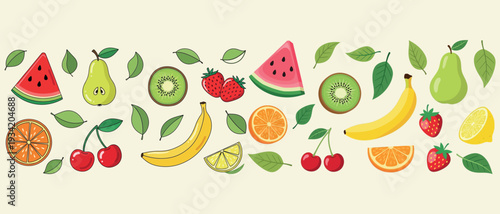 Fresh Variety of Colorful Fruits and Leaves Seamless Pattern on Light Background