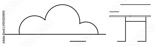 Design concepts, minimalism, modern art, abstract shapes, creative templates, linear art. A cloud-thumbs up shape and a table design in black lines. Design concepts and minimalism theme