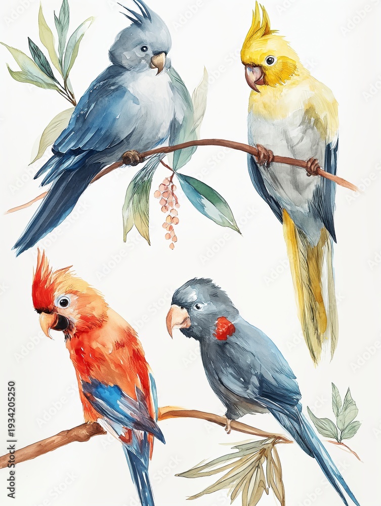 Obraz premium Watercolor image of birds on a white background.