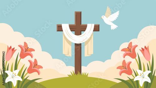 Easter cross with white dove and flowers on green hill with blue sky and clouds background