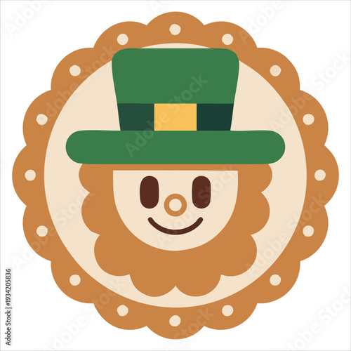 Vector illustration of St Patrick's Day ginger cookie leprechaun with shamrock symbol on white background