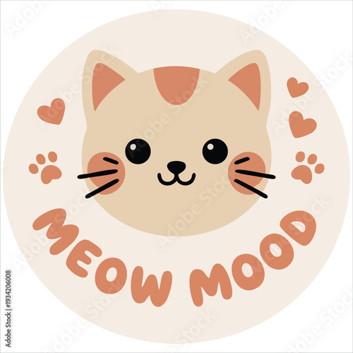 Isolated vector design of cartoon cat poster with meow lettering and kawaii style illustration on white background