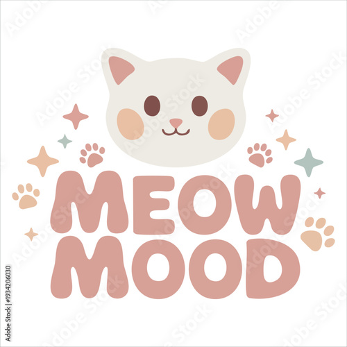 Vector illustration of funny cat poster with cute kitty meow lettering and kawaii cartoon style on white background