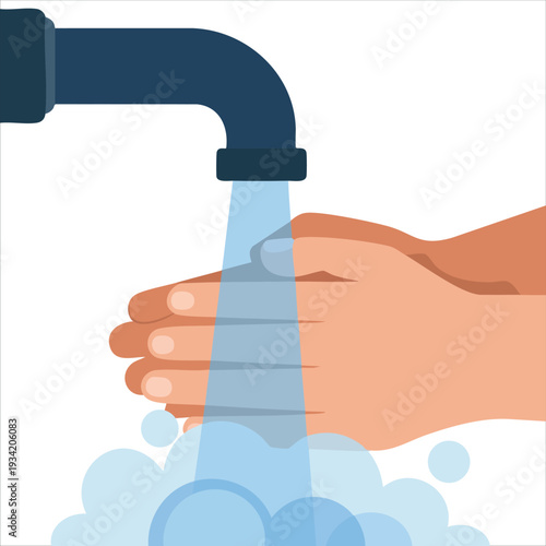 Flat color vector illustration of wash hands icon with soap and water for hygiene and virus prevention on white background