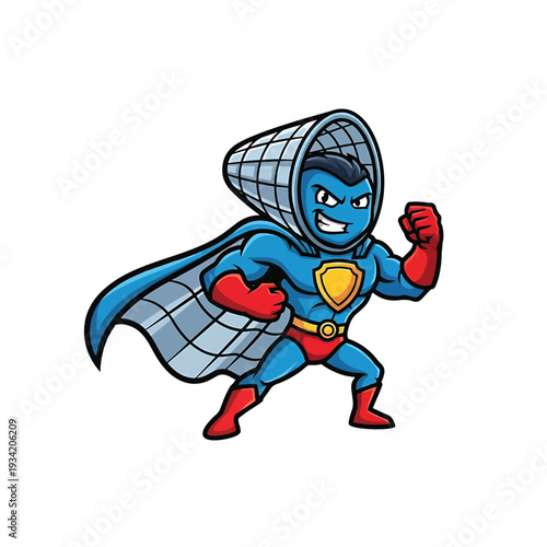 Superhero character in dynamic action pose wearing cape and shield
