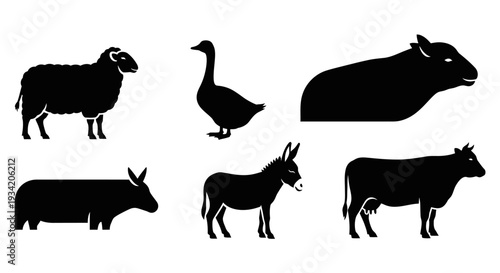 Black Silhouettes of Farm Animals: Sheep, Goose, Pig, Donkey, and Cow Icons