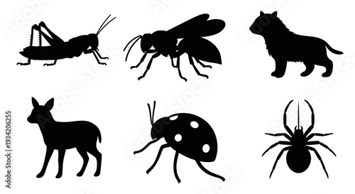 Collection of Diverse Animal and Insect Silhouettes on White Background