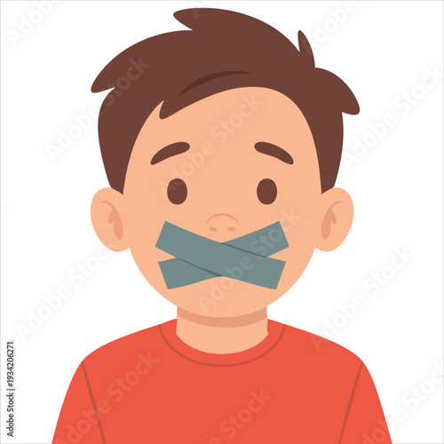 Vector cartoon illustration of man with mouth closed using tape representing silence concept on white background