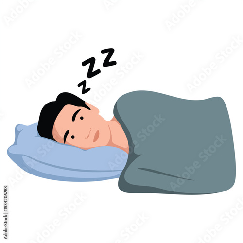 Vector illustration of man sleeping on bed in cartoon style isolated on white background