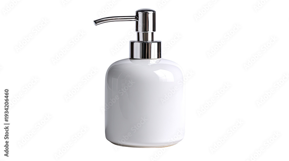Obraz premium Elegant Soap Dispenser: A sleek, modern soap dispenser with a metallic pump against a clean backdrop, perfect for any bathroom decor.