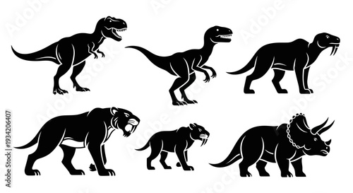 Dinosaur and prehistoric animal silhouettes set including saber-toothed tiger and triceratops