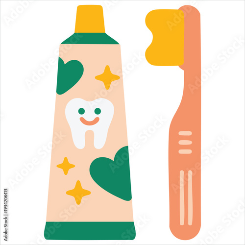 Vector illustration of cute toothbrush and paste with smiling tooth character for dental care concept on white background