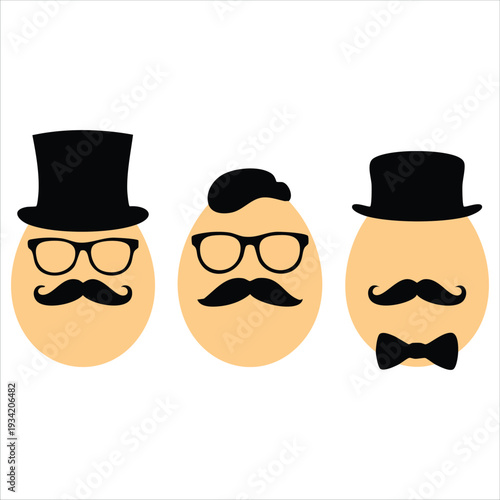 Simple vector illustration of funny eggs gentlemen in hats with moustache for Easter mood on white background