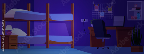 An empty dorm room, hotel room, or apartment bedroom at night.