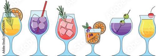 Colorful cocktail drinks vector illustration set with citrus garnish ice cubes and glassware collection
