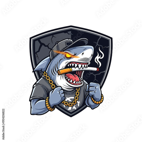 Aggressive shark mascot with cigar and fire eye behind shield
