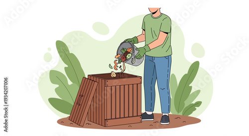 Man composting organic waste in wooden bin, sustainable living, eco-friendly, gardening