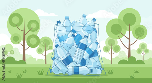 Recycling Bin Full of Plastic Bottles in Green Nature Park