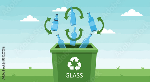 Recycling glass bottles in a green bin for environmental protection and sustainability