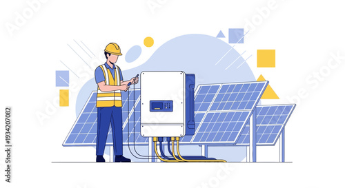 Solar Panel Installation Technician Working on Inverter and Energy System