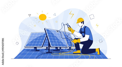 Solar panel installation: technician connecting wires under the sun